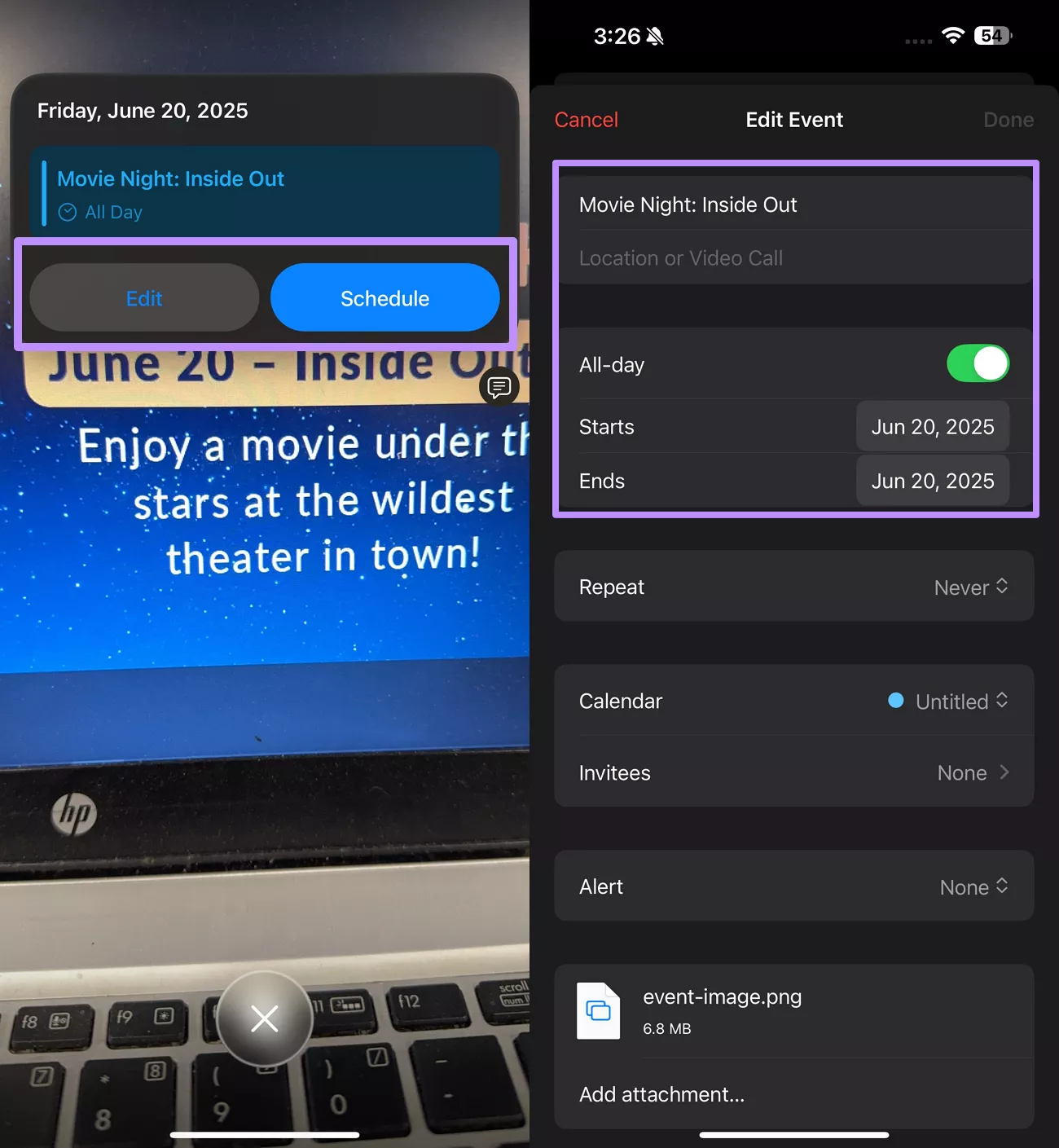 edit the created event