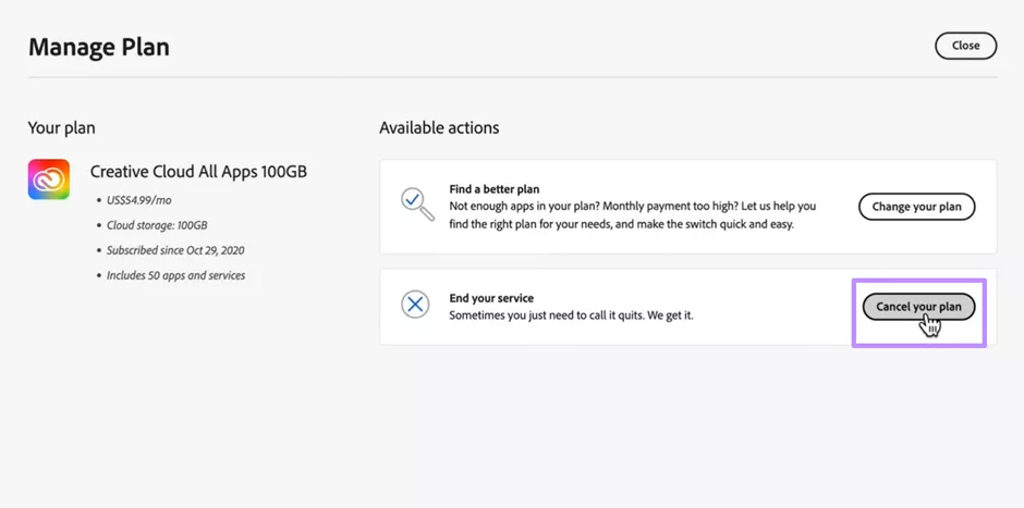 enter cancel your plan screen acrobat