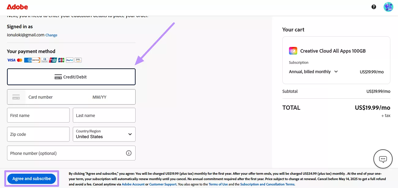 fill in your card details to buy student license acrobat