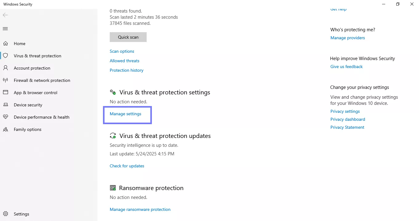 go to manage settings windows
