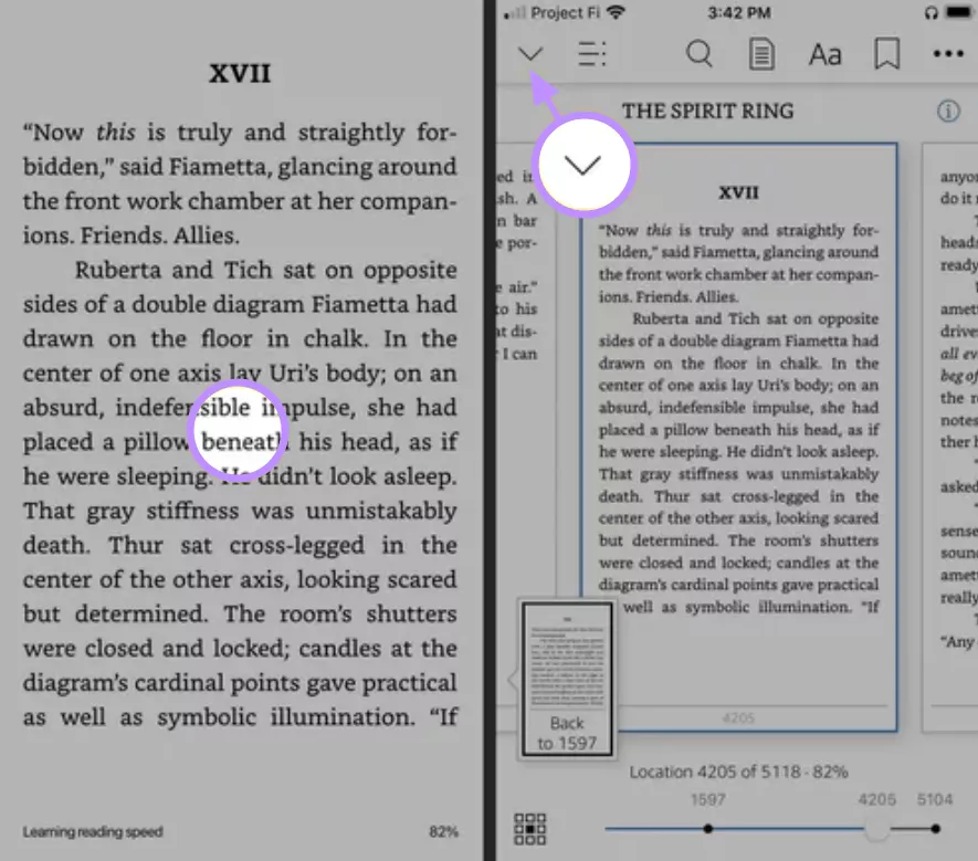 hit the downward facing arrow with kindle on mobile