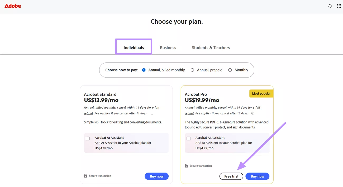  initiate the free trial acrobat