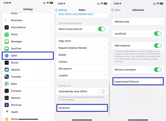 safari disable experimental features