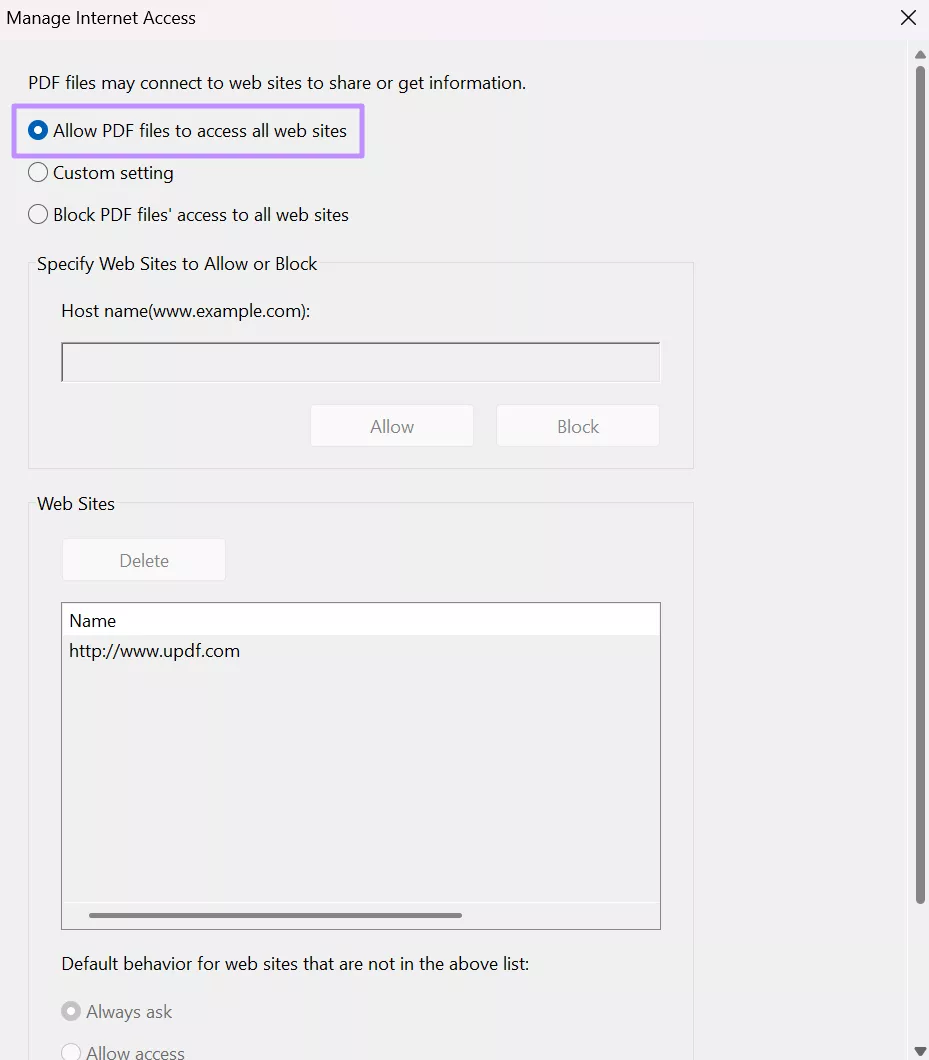 let pdf access all websites acrobat