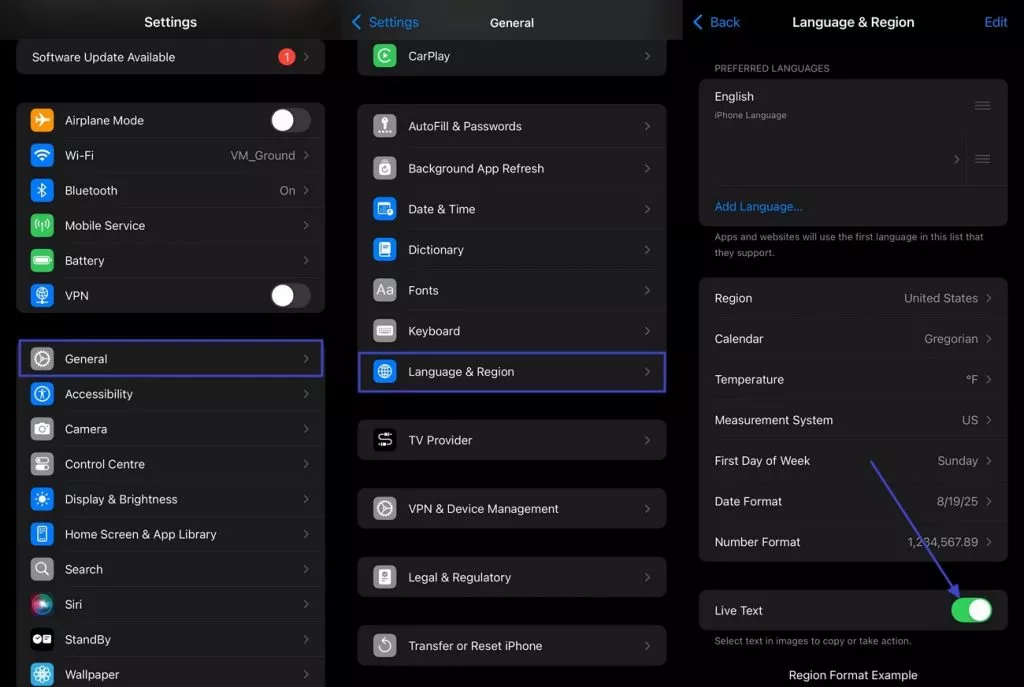 enable live text language region settings