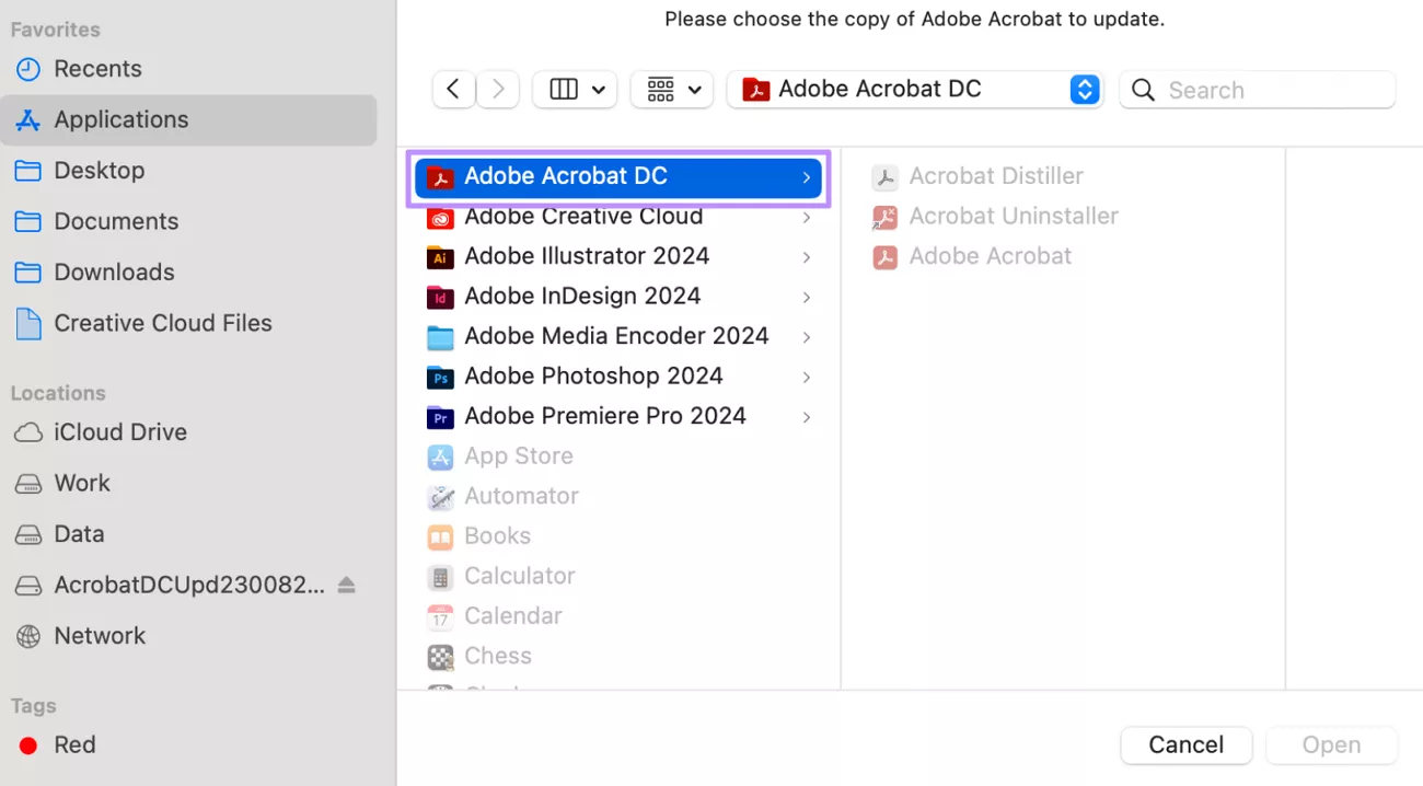 locate adobe acrobat through finder
