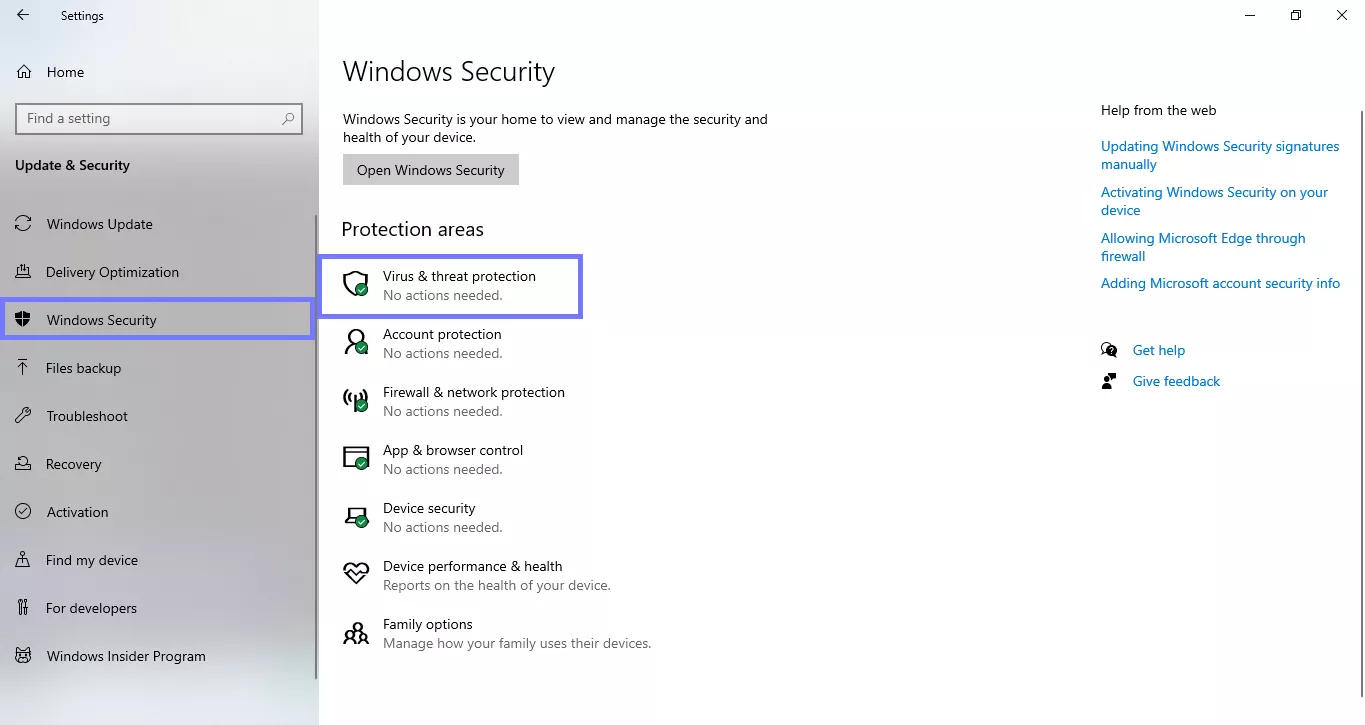 navigate to virus and threat protection windows