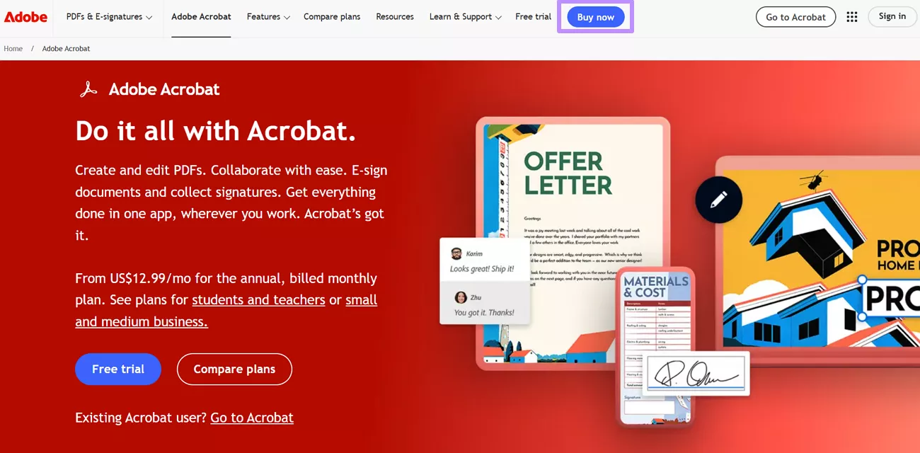 press the buy now button acrobat