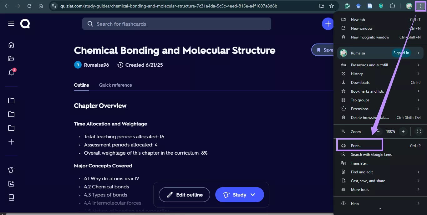 print quizlet using chrome