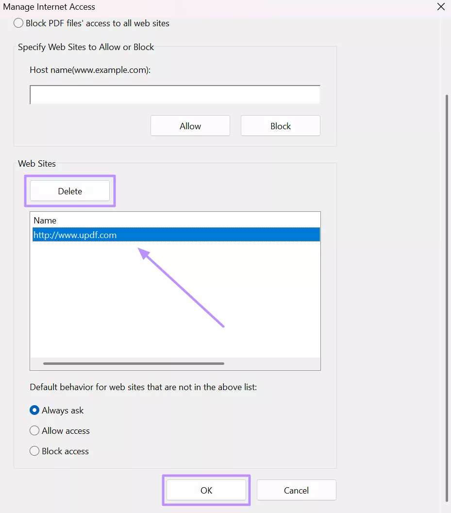 remove website from block list acrobat