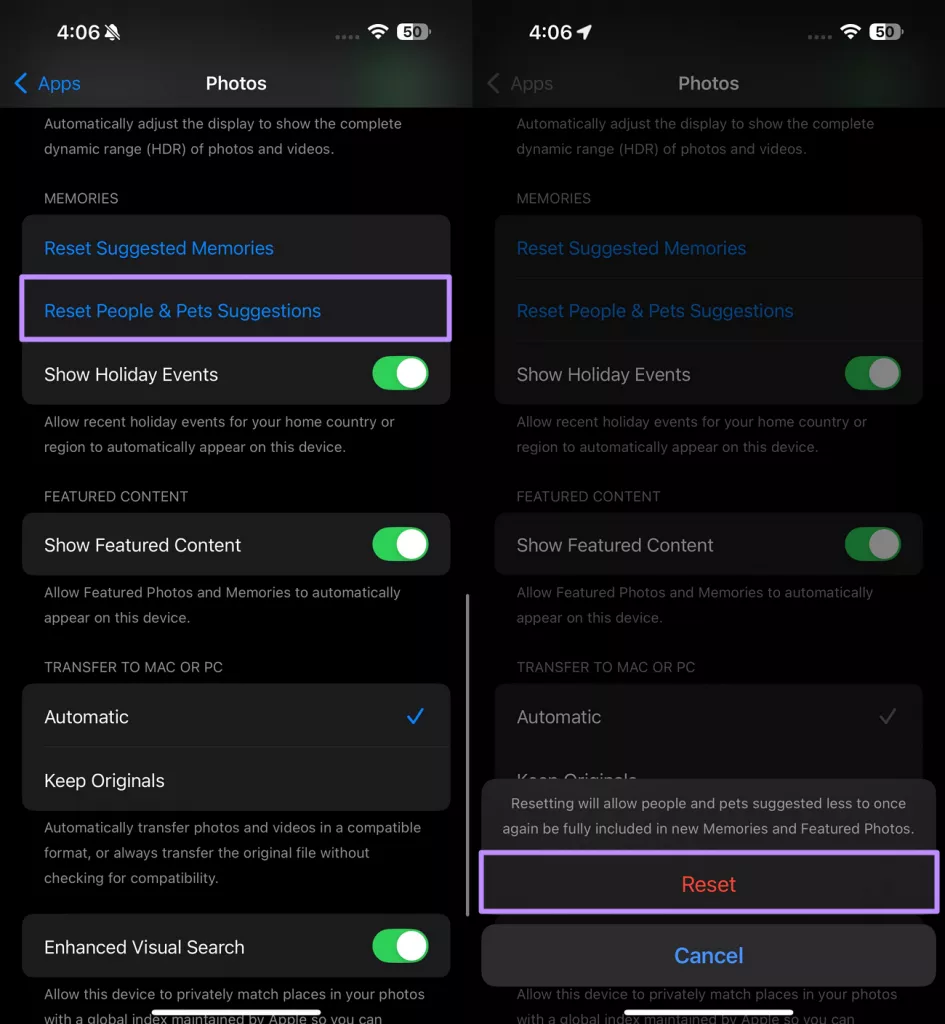 reset people and pets suggestions