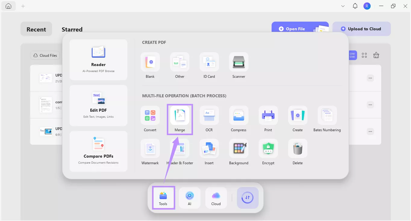 select merge from tools updf windows