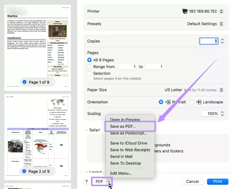 select save as pdf bookshelf mac