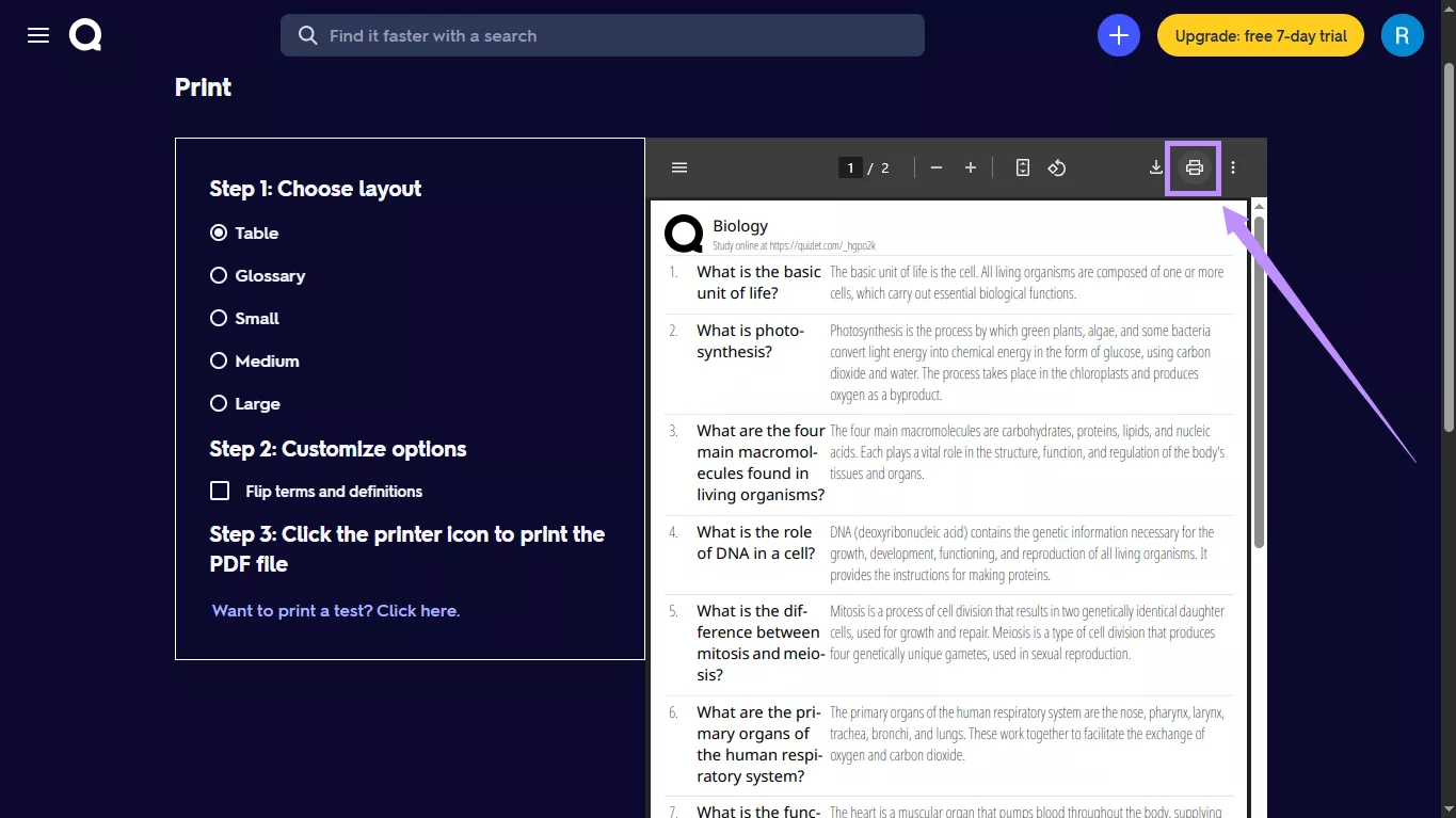 select the print layout quizlet