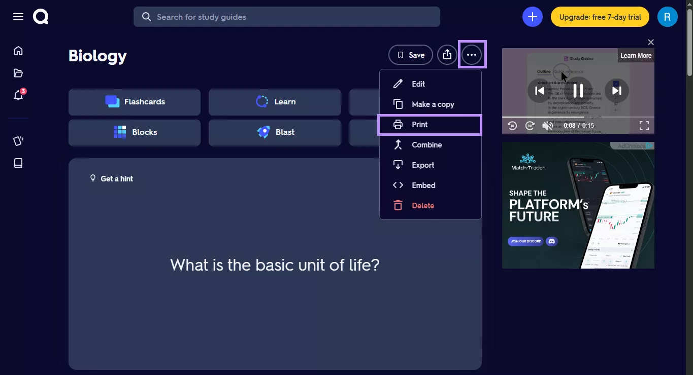select the print option in quizlet