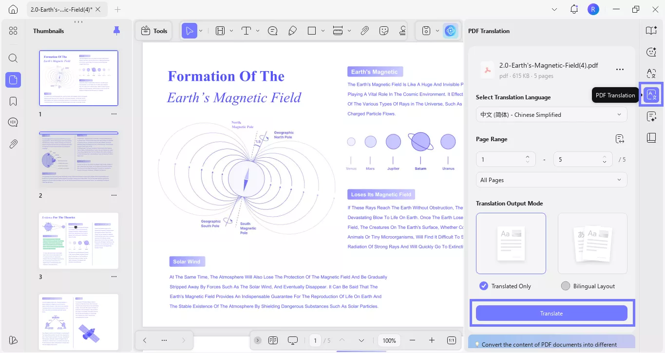 select the translation options and click translate updf windows