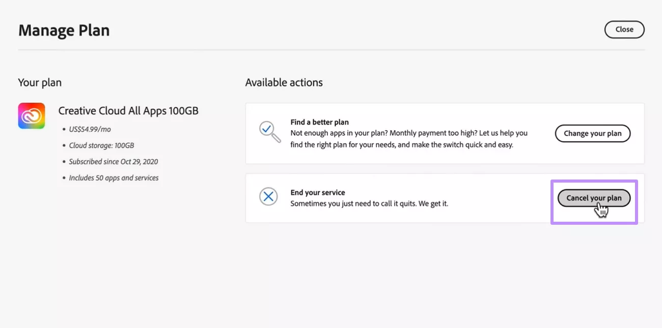 tap on cancel your plan acrobat