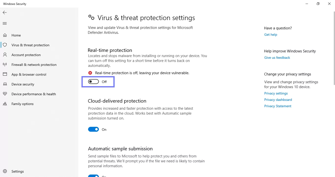 turn off real-time protection windows