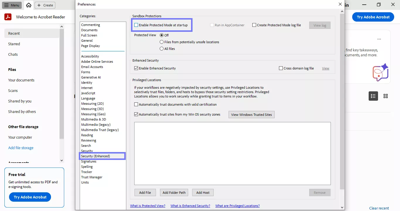 uncheck enable protected mode at startup acrobat