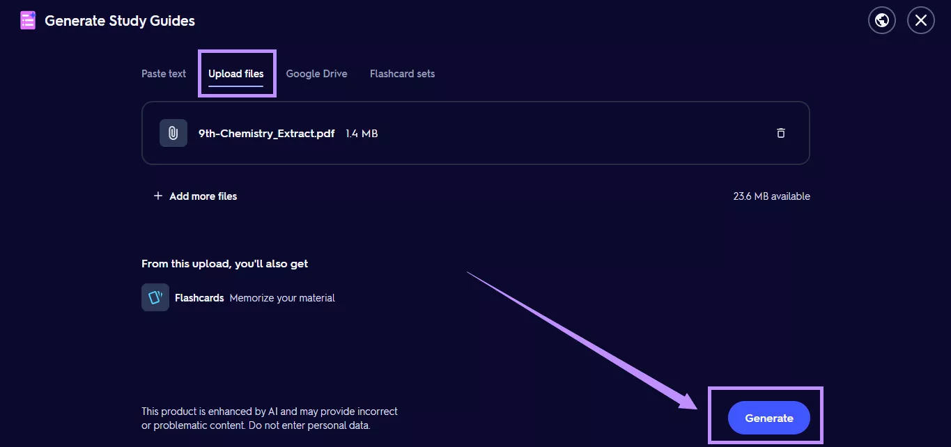 upload files and click generate quizlet