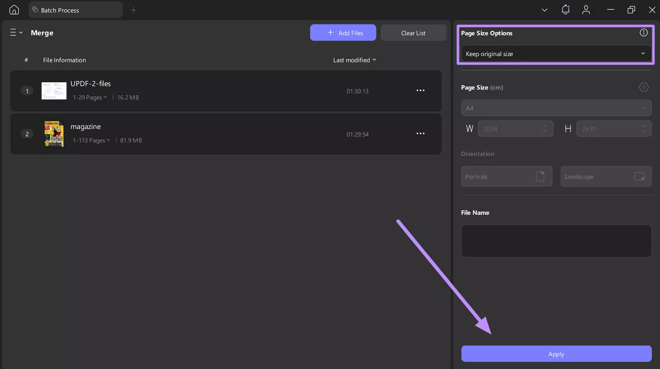 adjust settings and save merged file updf windows