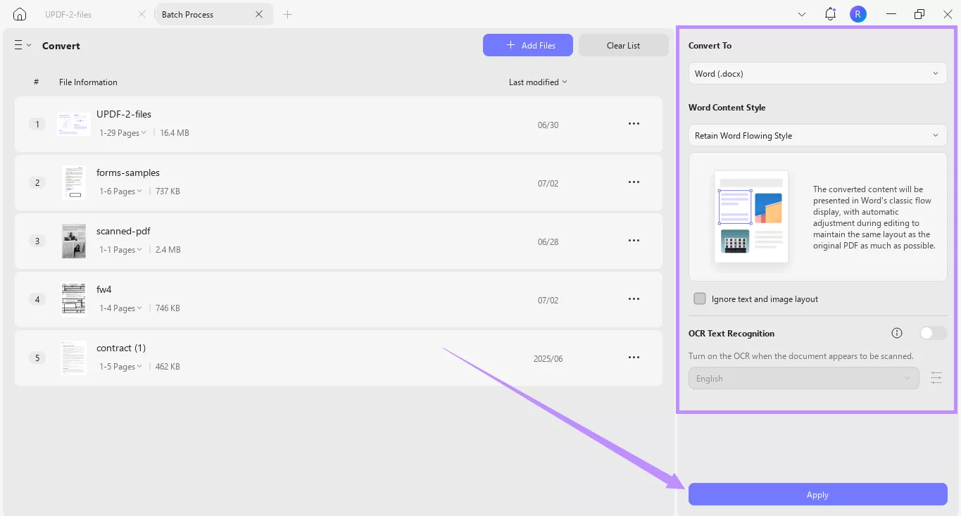 apply pdf to word conversion settings updf windows