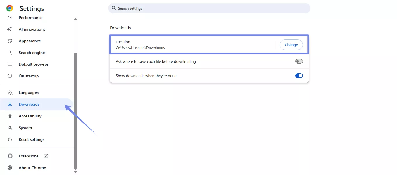 change the download location chrome