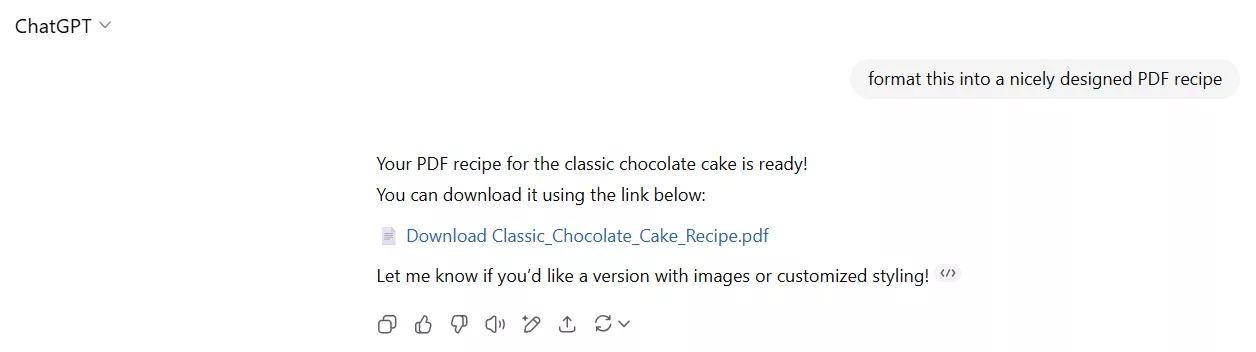 chocolate cake recipe to pdf chatgpt