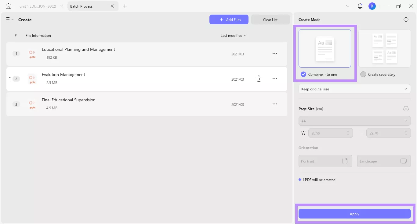 choose combine into one updf windows