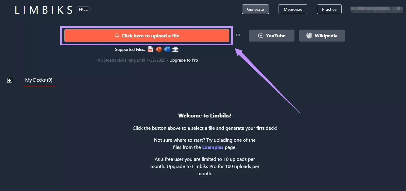 click to upload the file Limbiks