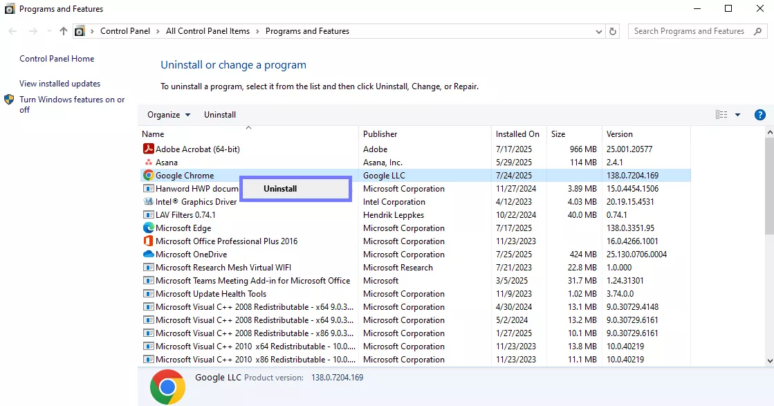 click uninstall for chorme