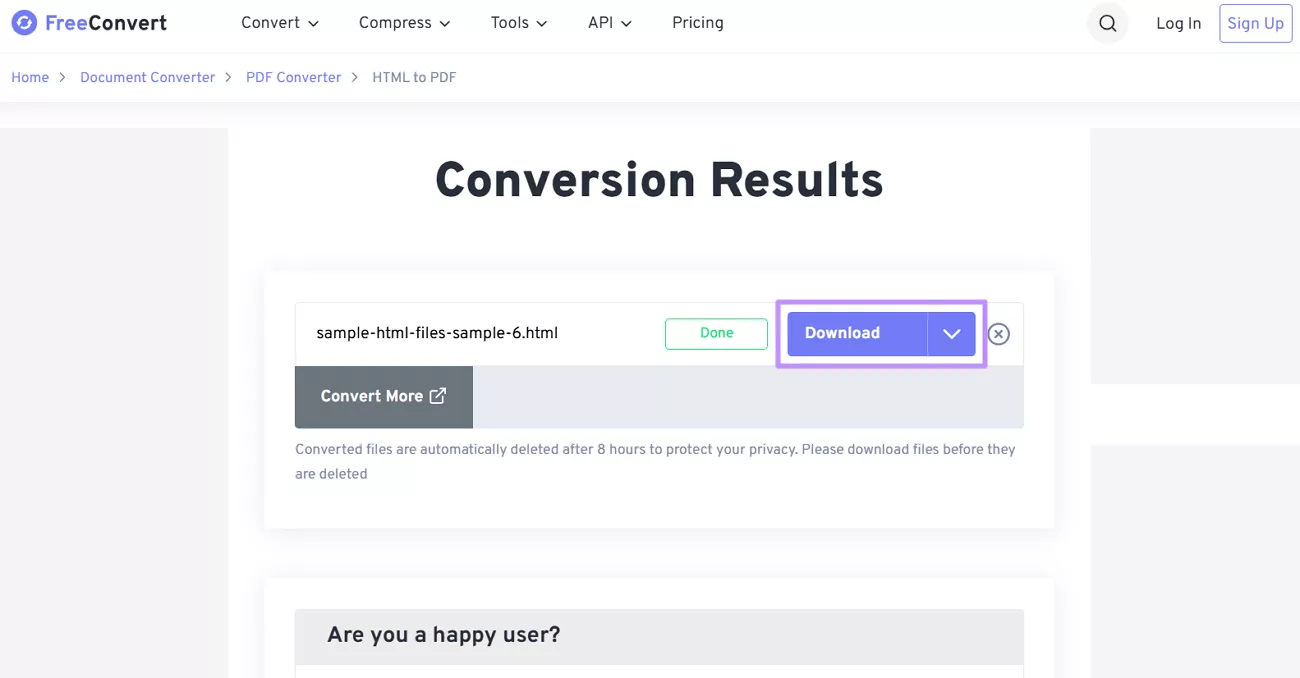 convert html to pdf in freeconvert