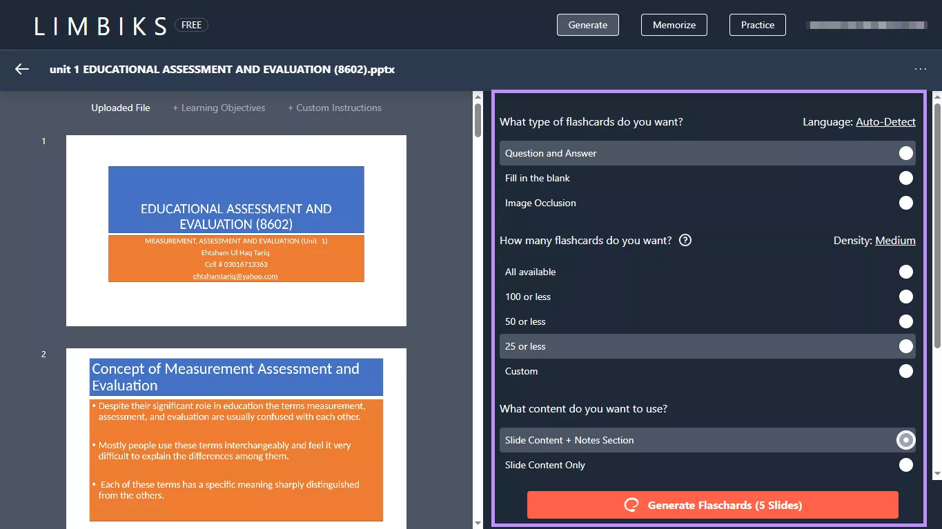 customize and generate flashcards Limbiks