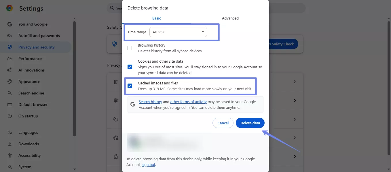 delete cached memory chrome