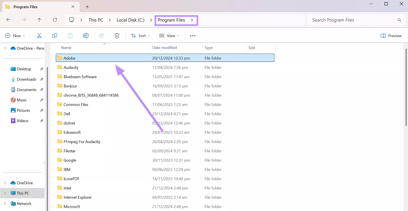 enter adobe folder from program files