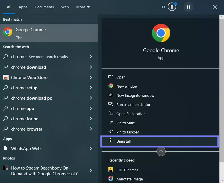  find chrome and click uninstall