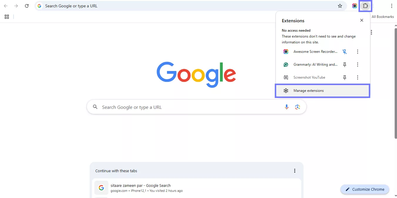 go to manage extensions chrome
