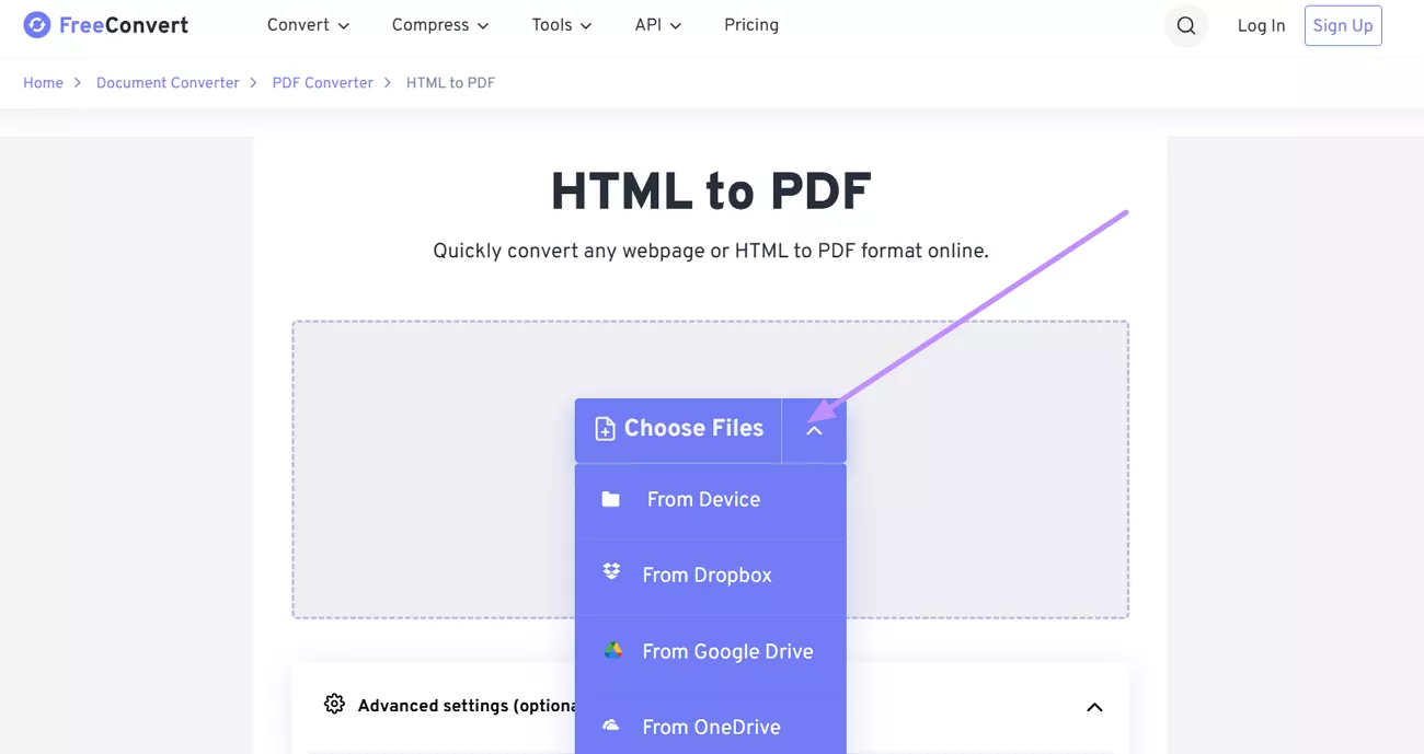 html to pdf choose file in freeconvert