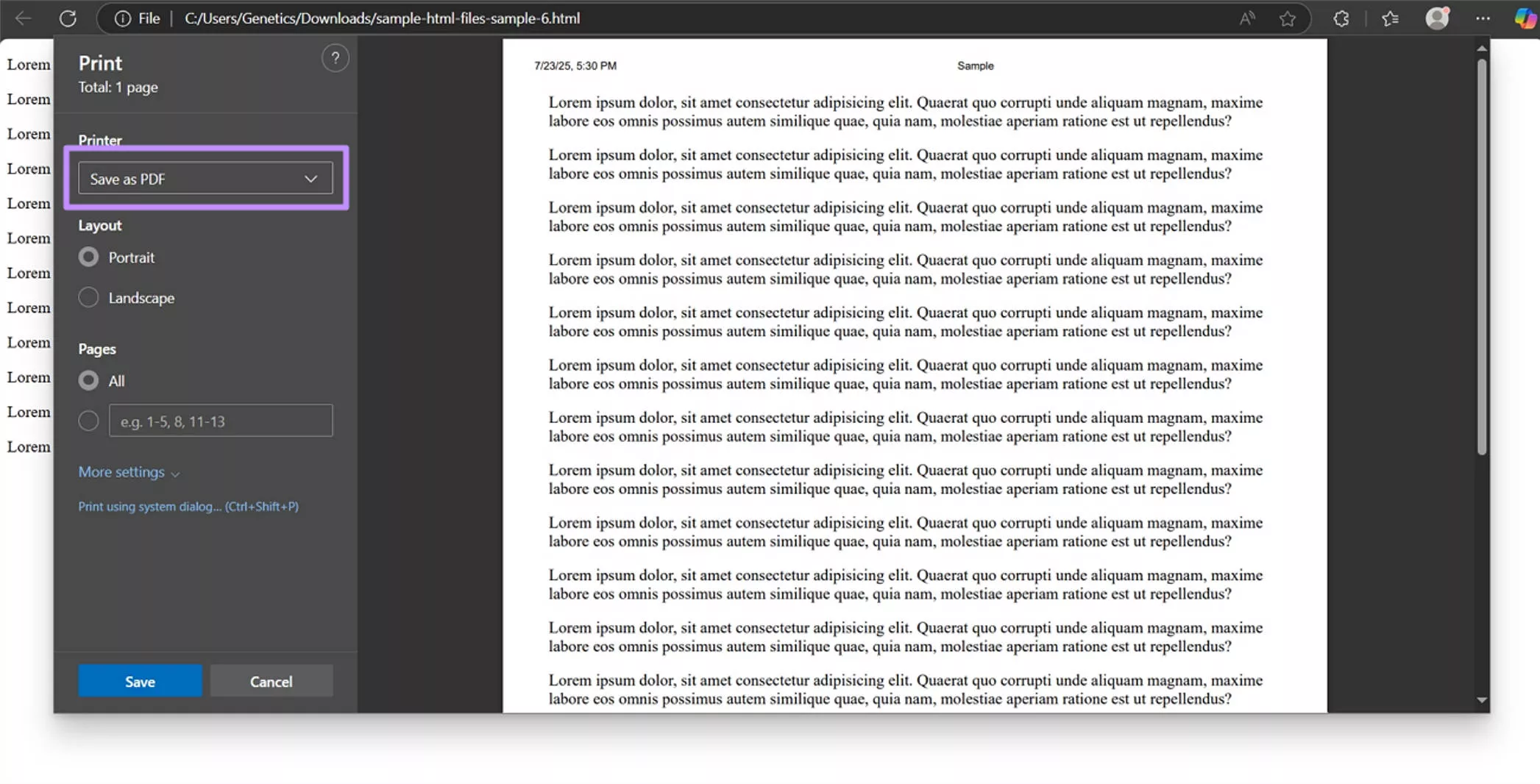 microsoft edge save as pdf print setting