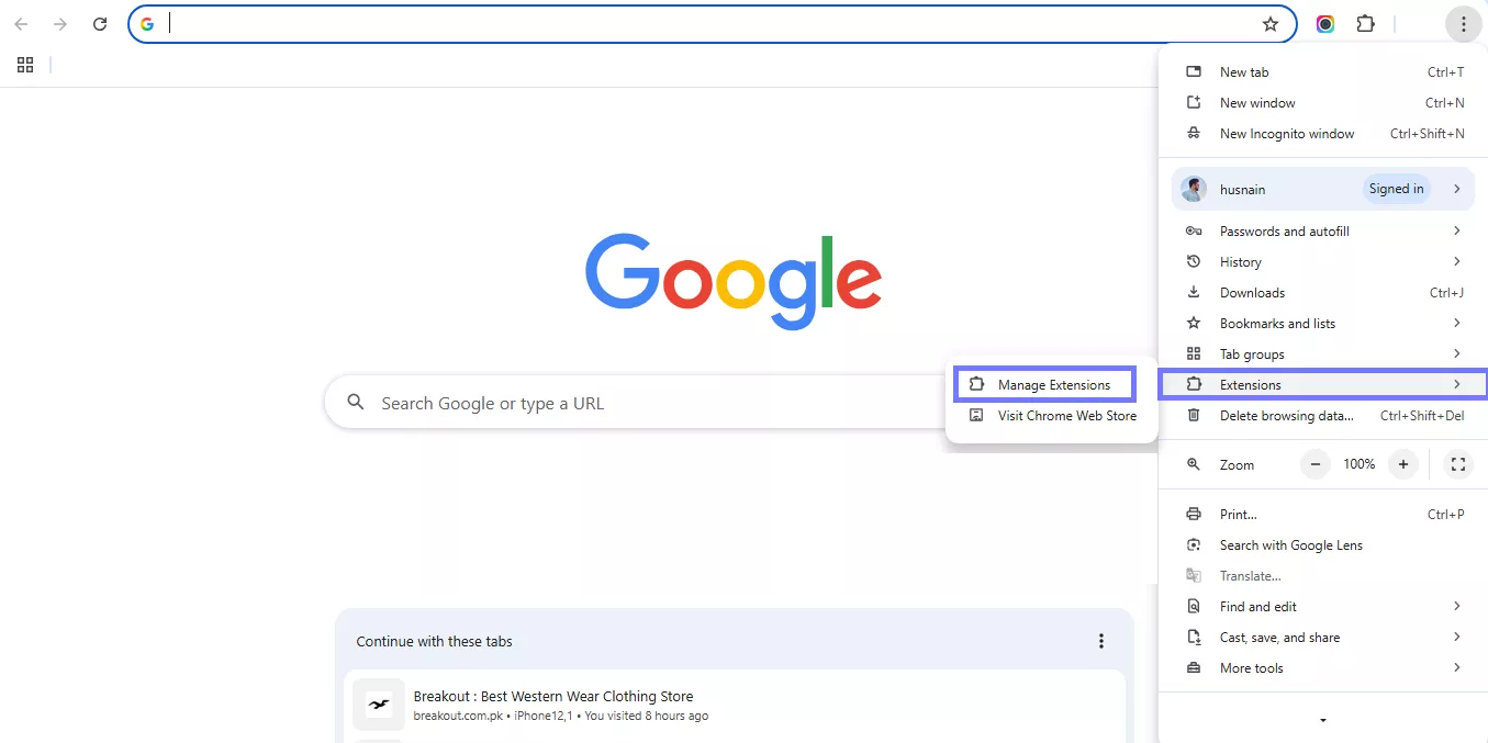 navigate to manage extensions chrome