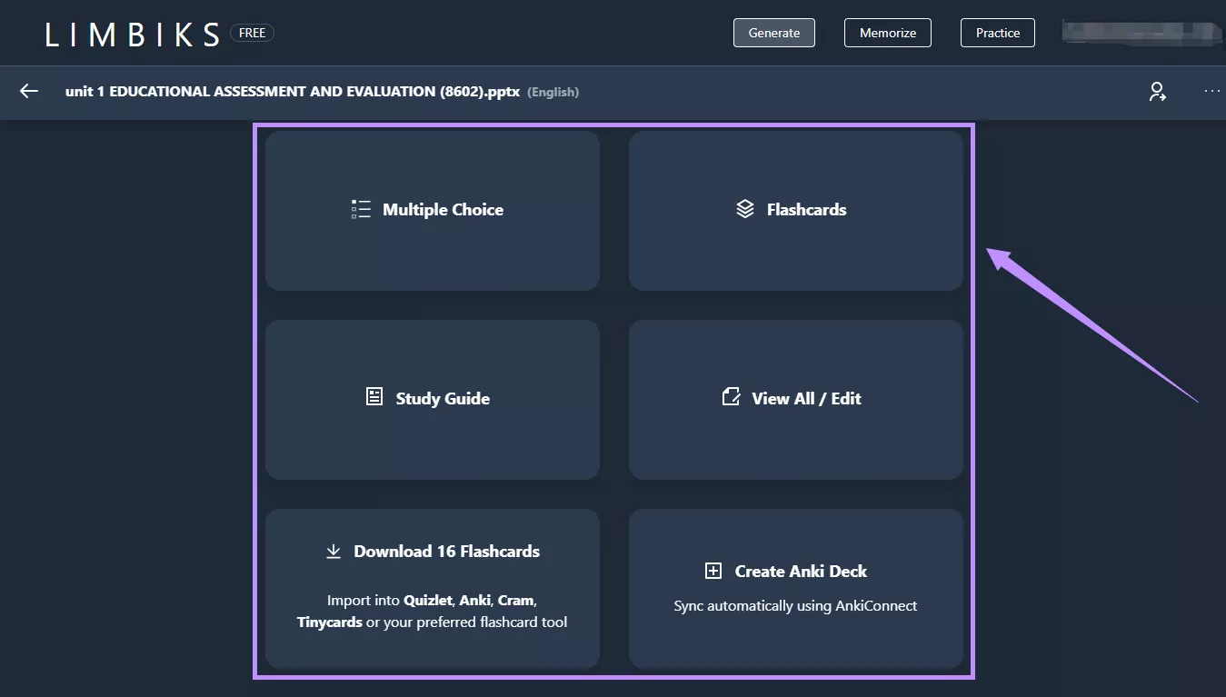 options to interact with flashcards Limbiks