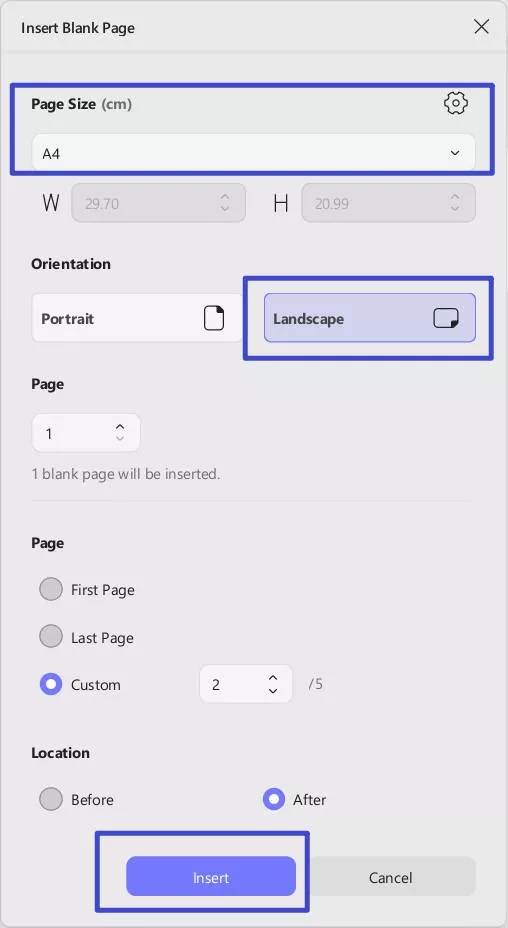 page size and orientation insert page