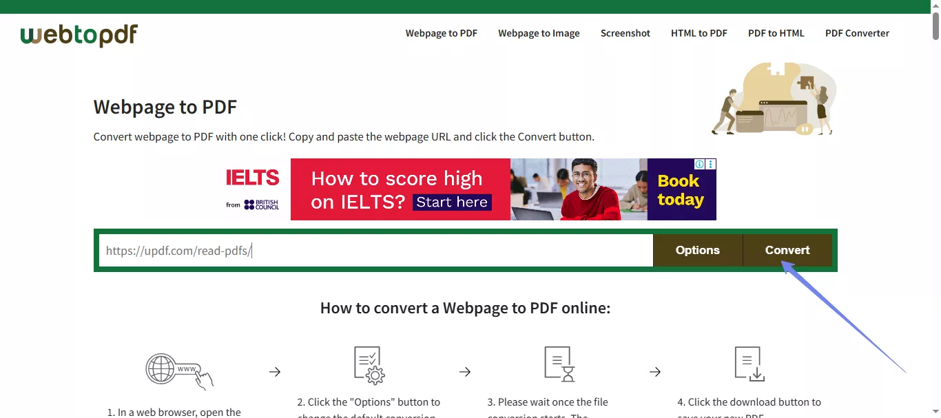 paste the url and click convert webtopdf