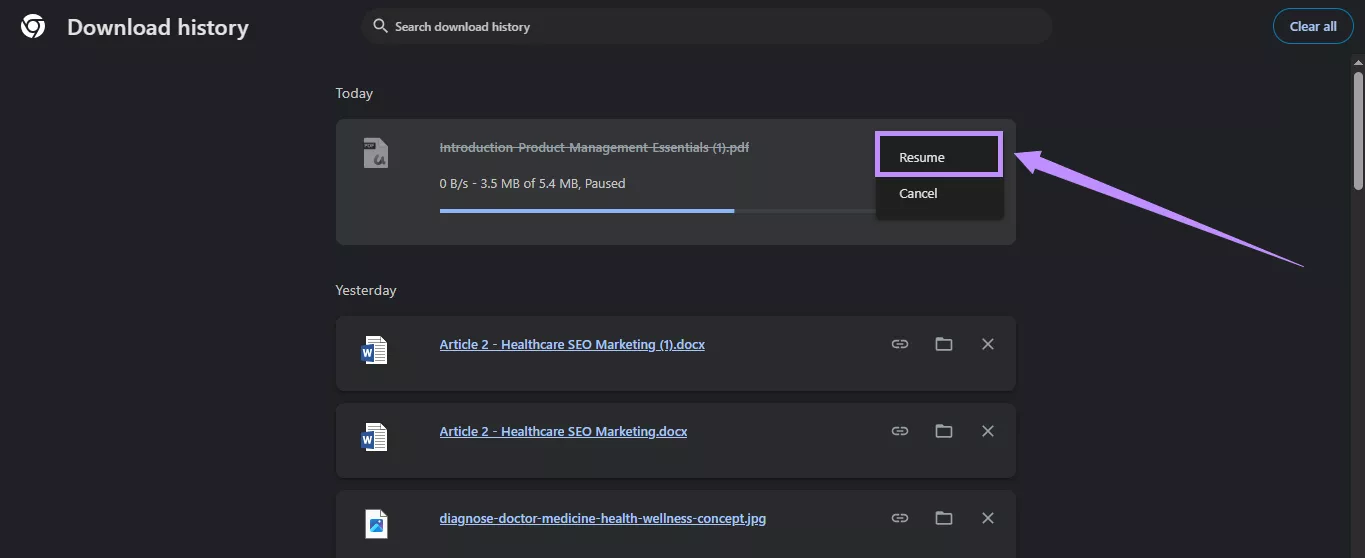 resume the download chrome