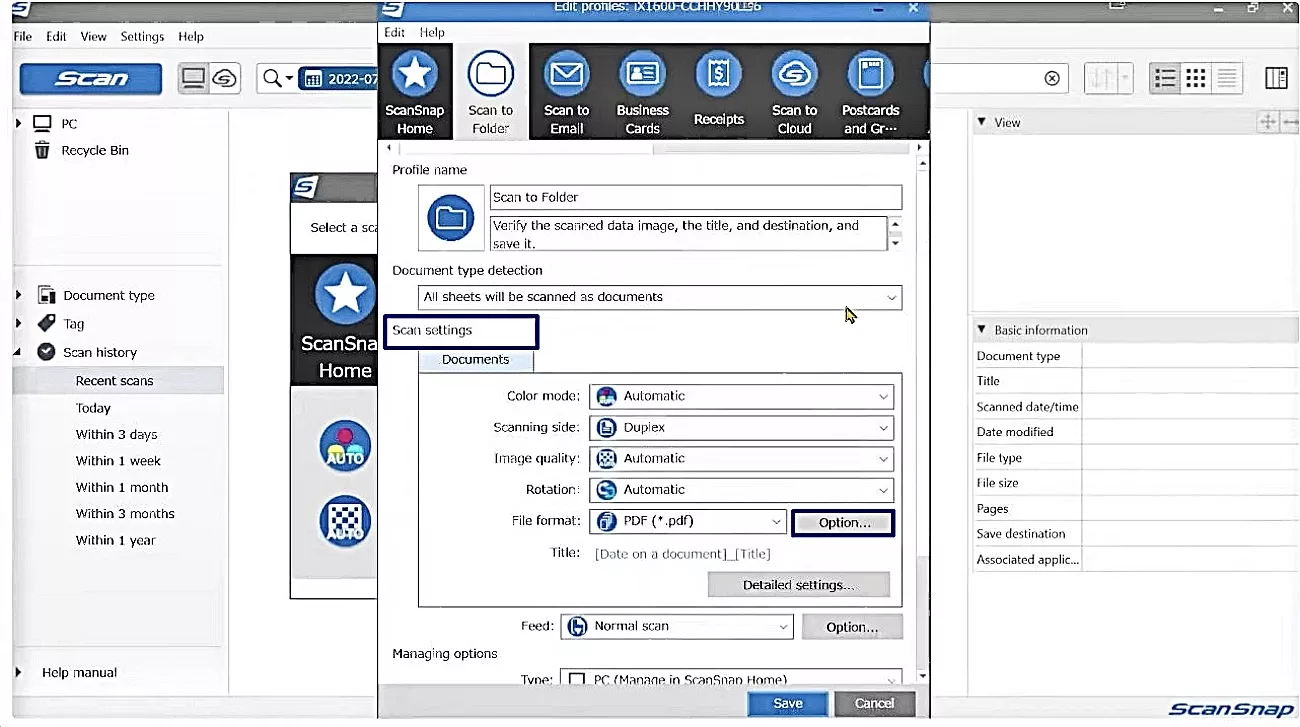 adjust scan settings and file format