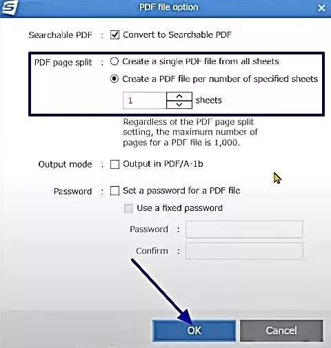 pick settings for split document