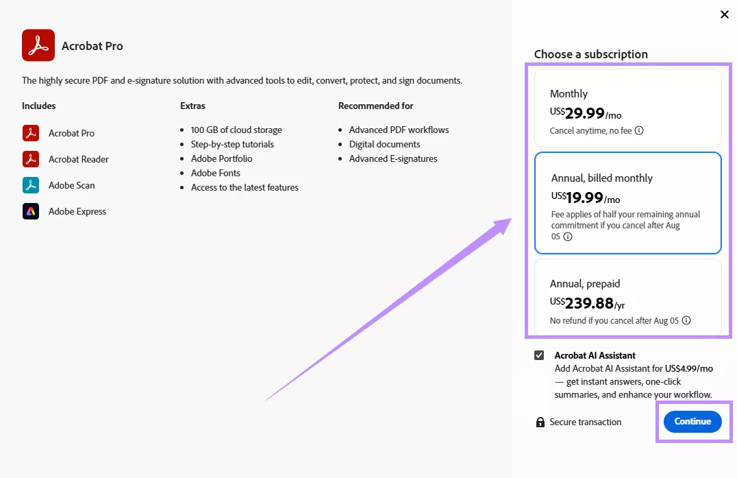 select a subscription tier for acrobat