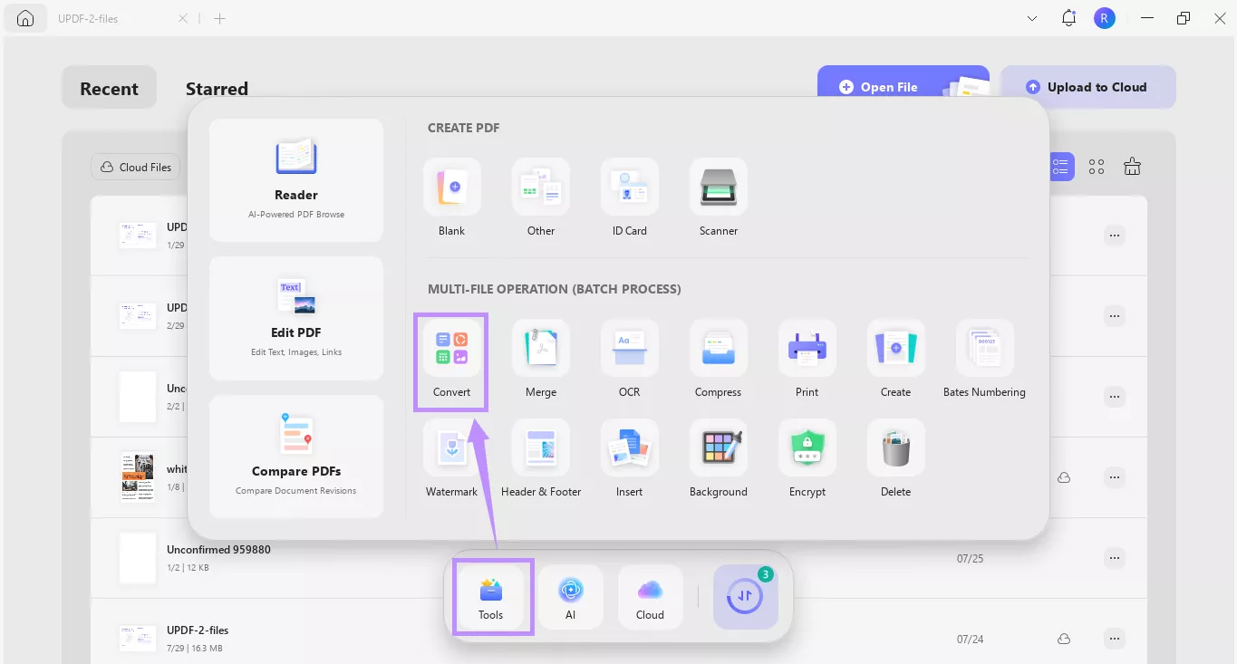 select covert from the tools box updf windows