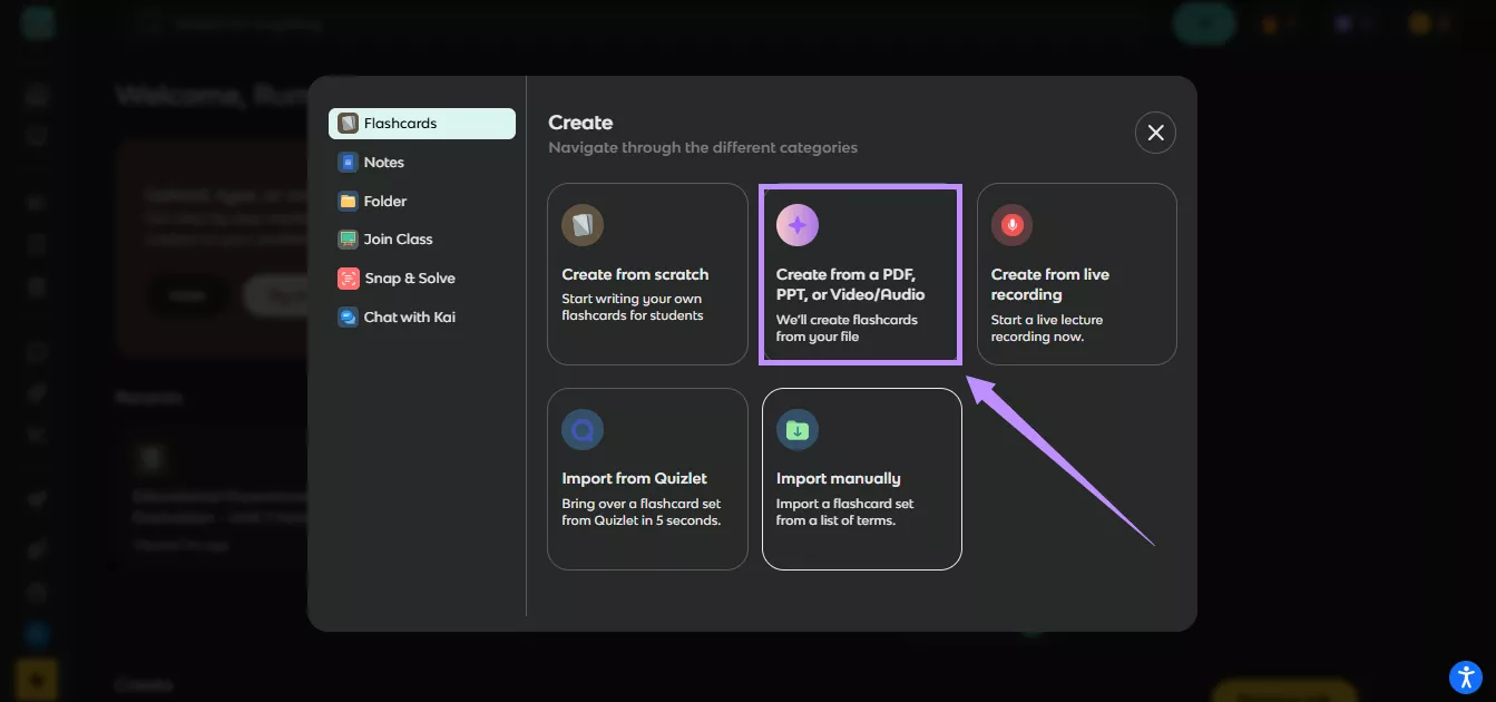 select create from a pdf, ppt, or video/audio Knowt