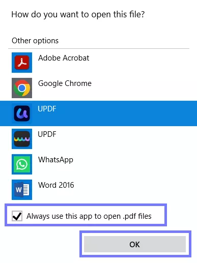 select updf as default app to open pdf and click ok windows